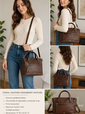 Fossil Dark Brown Pebbled Leather Satchel with Crossbody Strap